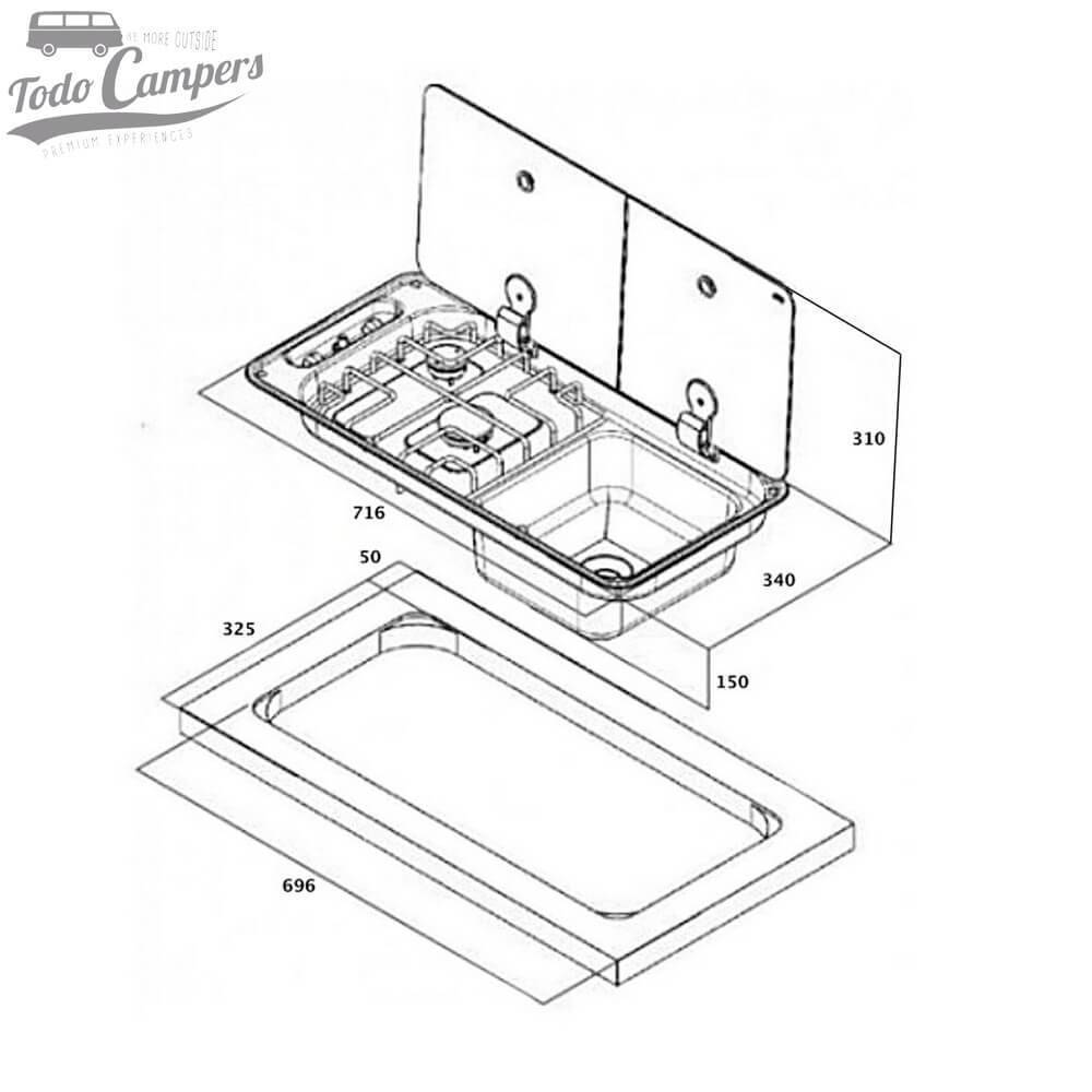 medidas del fregadero con cocina de 2 fuegos CAN