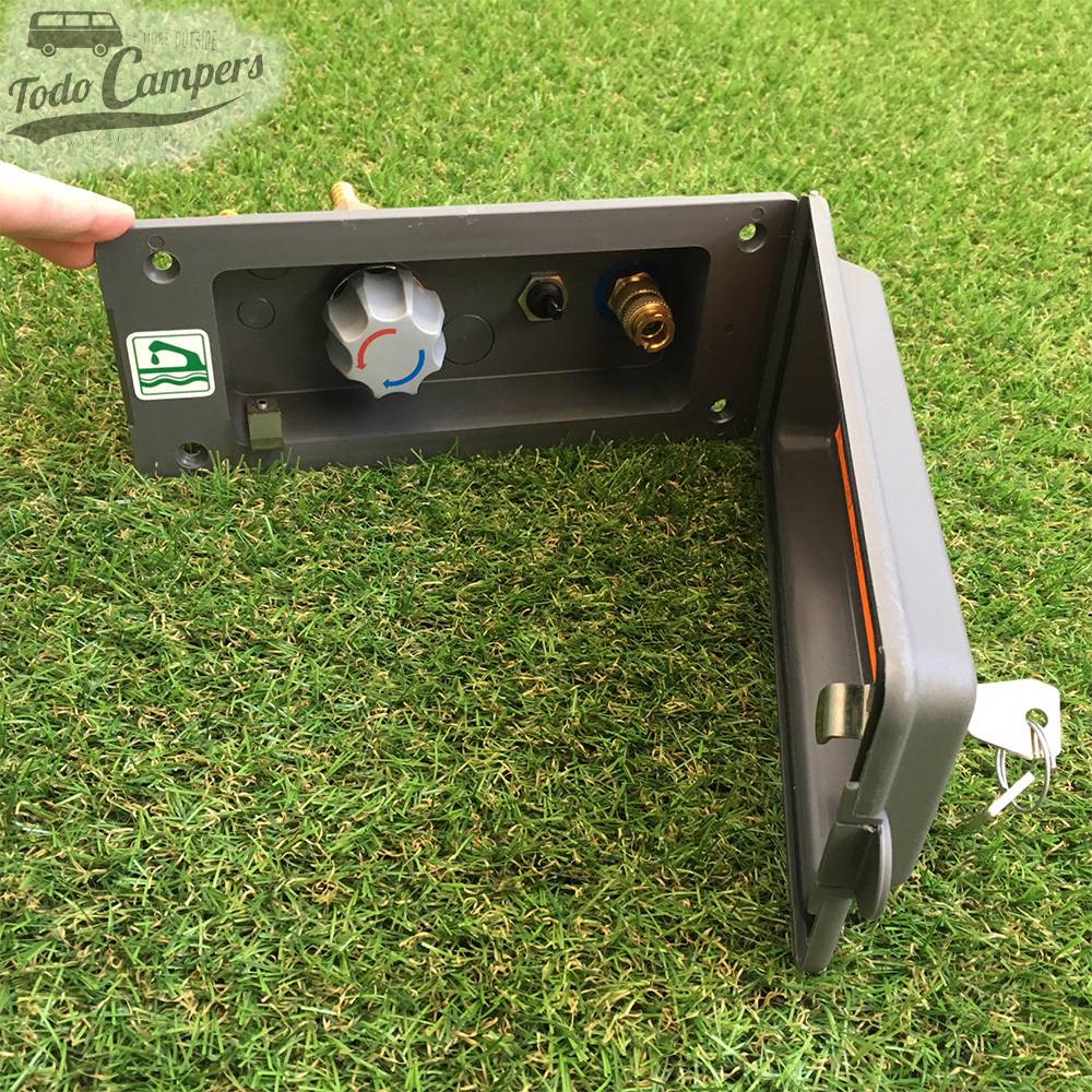 Toma ducha empotrable para sistemas de agua fría y caliente. Incluye interruptor de 12 voltios y grifo mezclador. Color Gris