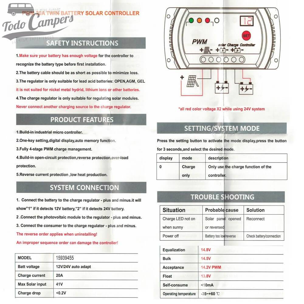 instruções do regulador solar dual Vechline de 20A PWM