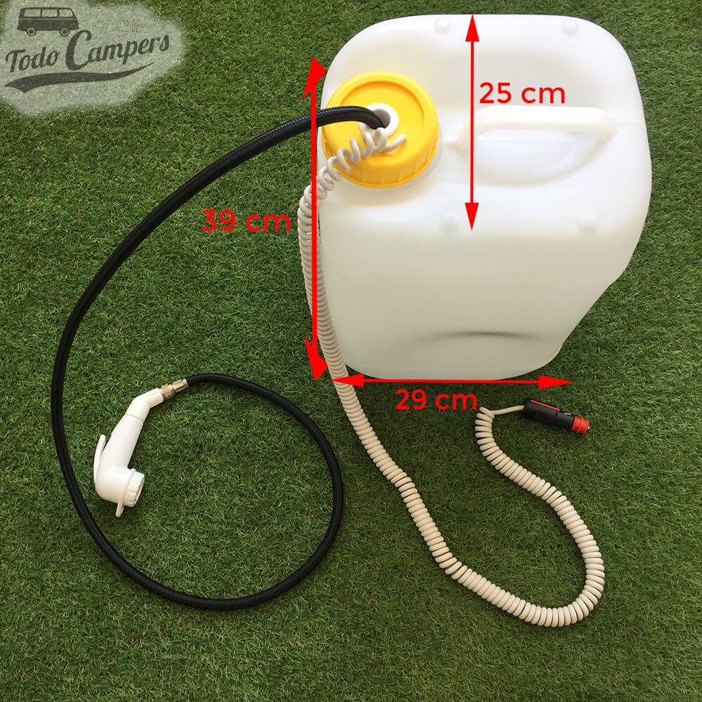 Dimensões do Kit de duche portátil: 29 cm de comprimento, 25 cm de largura e 39 cm de altura