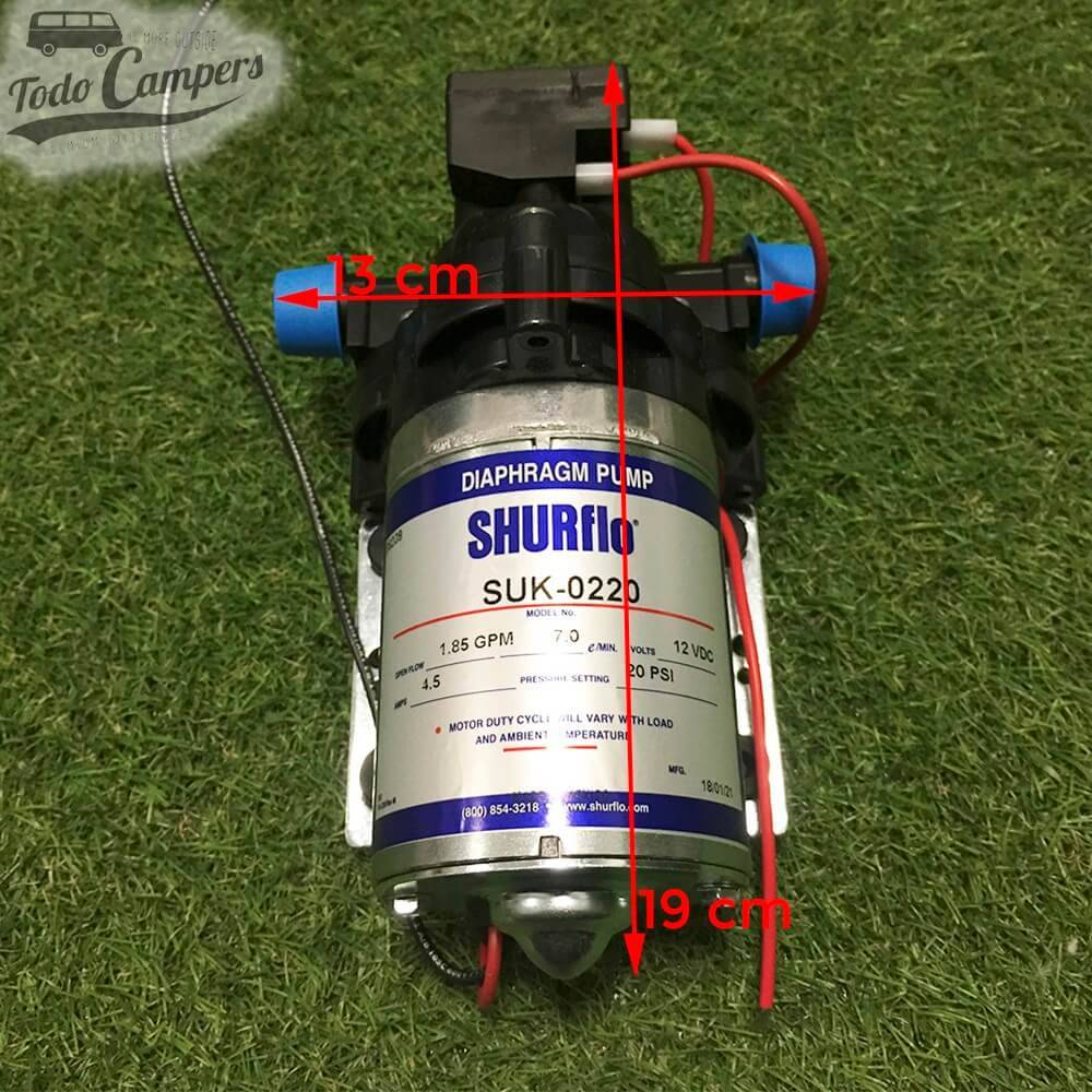 Medidas da bomba de água Shurflo com 7 litros de capacidade