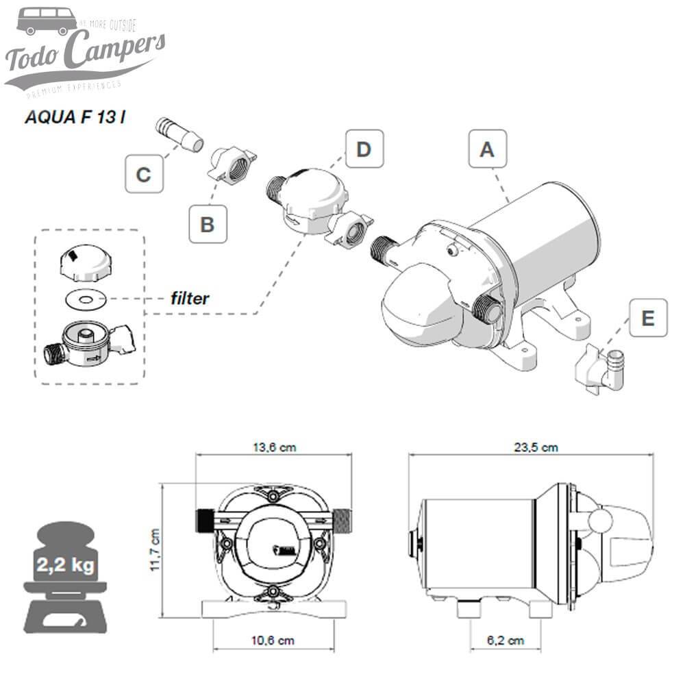 medidas de la bomba Aqua F de 10 litros