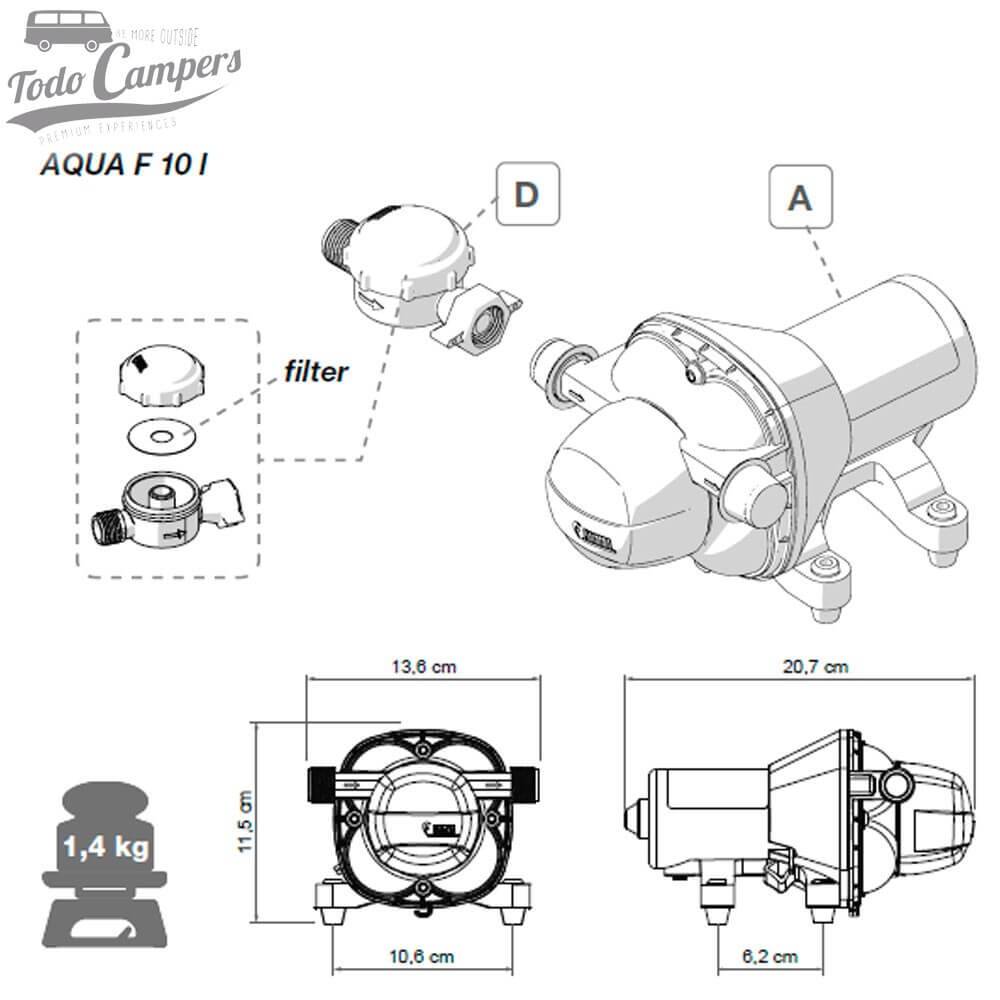medidas de la bomba Aqua F de 10 litros