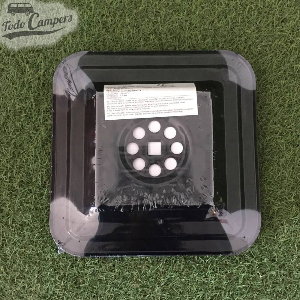 Bico a gás portátil de grande potência. Prato e grelha de uma única peça. Utiliza botija de rosca azul Butsir.