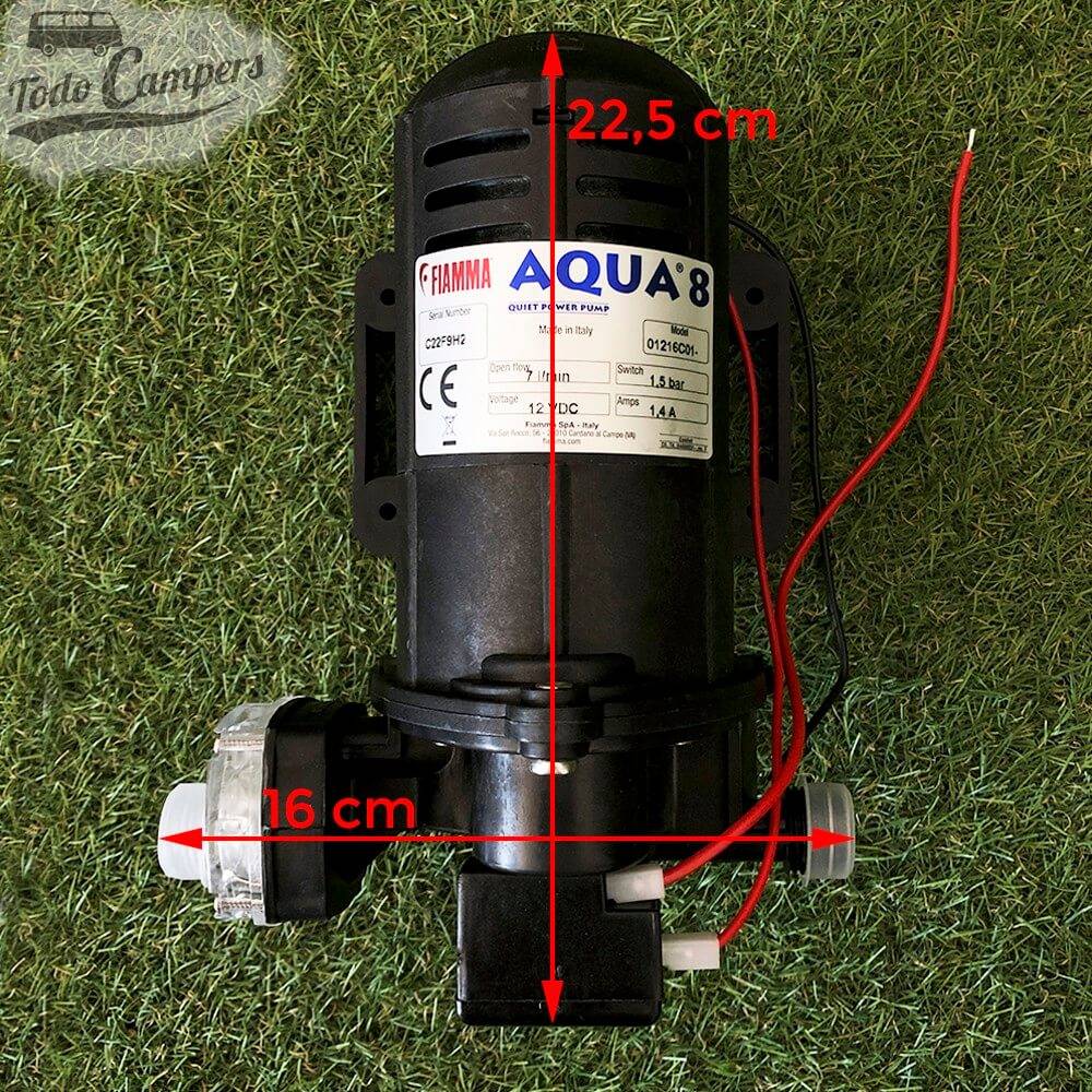 Bomba de pressão Fiamma Aqua 8 - 7 Litros - Medidas na própria bomba. Bomba depósito de águas limpas camper