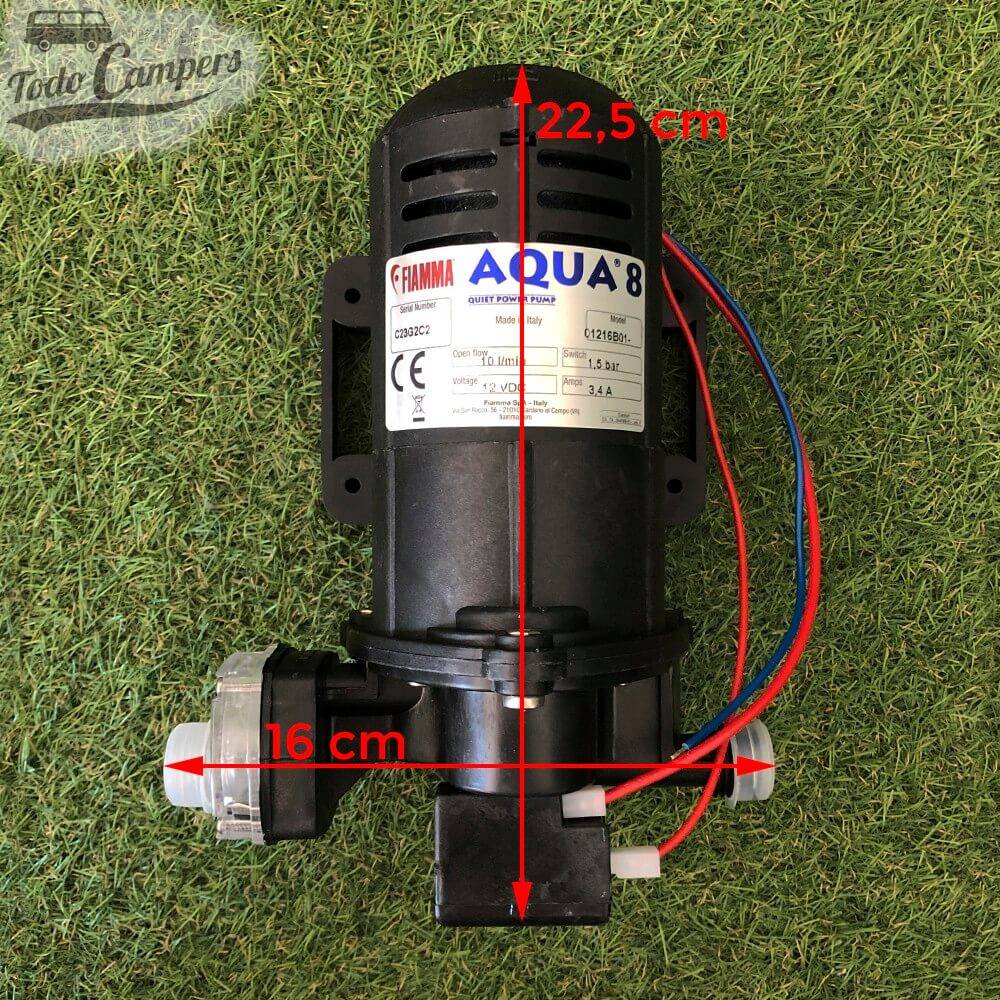 Bomba de Presión Fiamma Aqua 8  10 Litros Medidas en la propia bomba. Bomba depósito de aguas limpias camper