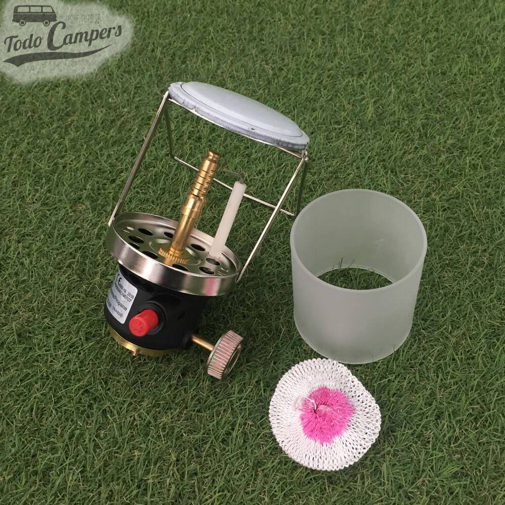 Lámpara de gas portátil, fiable y segura. Con asa incorporada