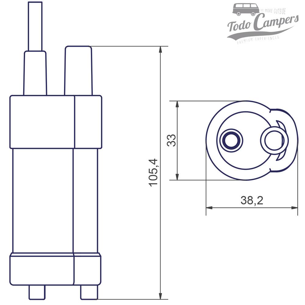 Bomba Sumergible 12v Comet Elegant  10 Litros - Plano Medidas. Bomba depósito de aguas limpias camper