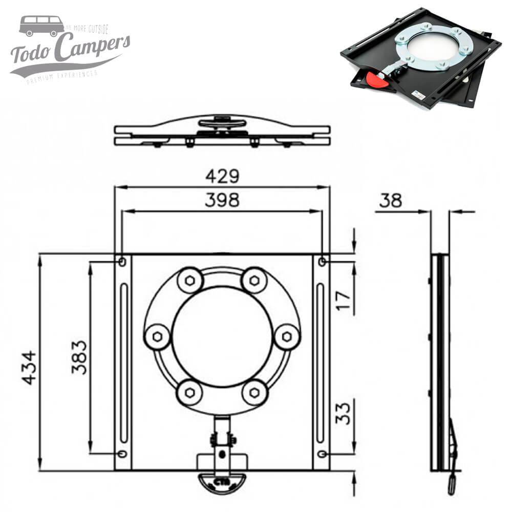 Medidas de la base giratoria para Volkswagen T5, T6 y T6.1 de CTA
