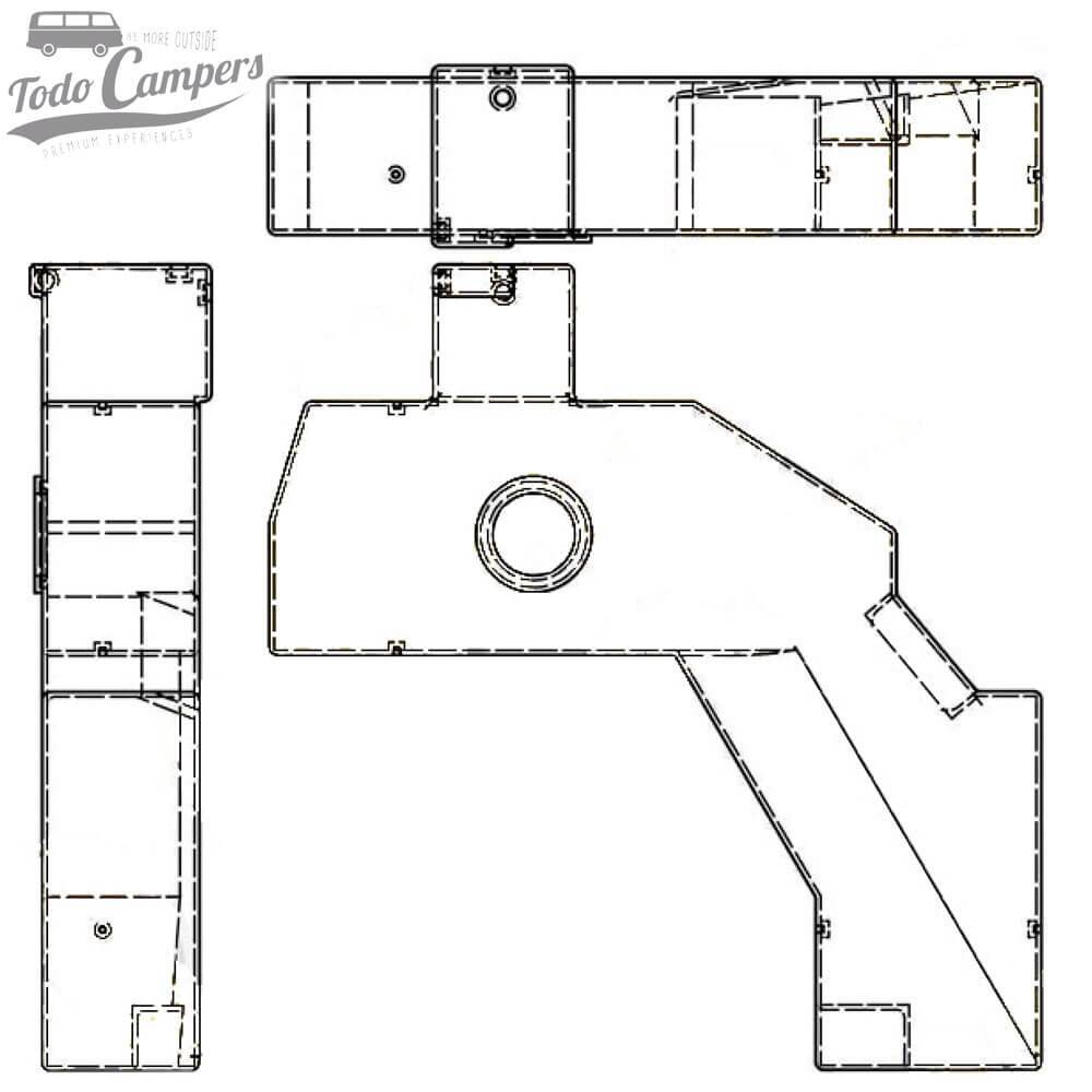 Esquema do depósito de água de T5 ou T6 concebido para se colocar no exterior do veículo, à frente da roda sobresselente.