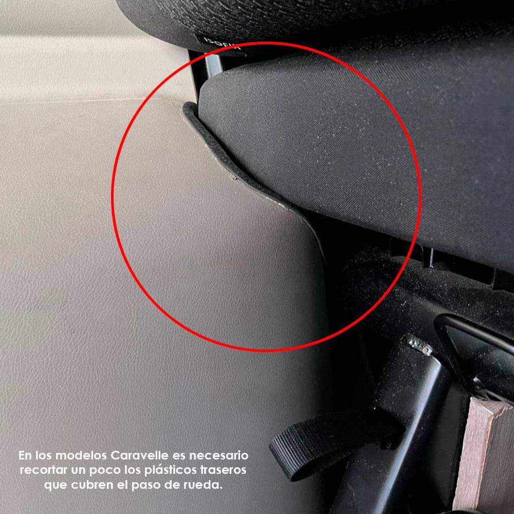 En los modelos Caravelle es necesario recortar un poco los plásticos traseros que cubren el paso de rueda en el Anclaje ST1000