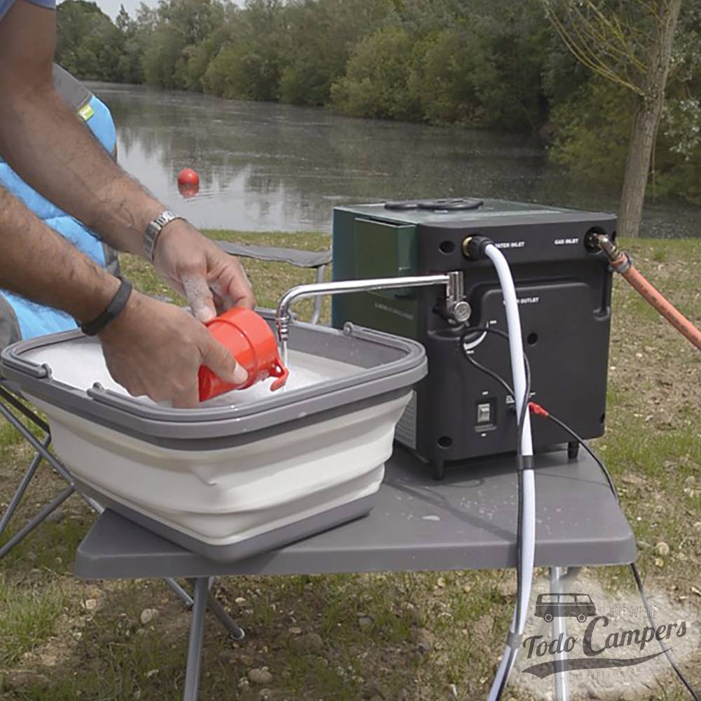 Termo de gas portátil, proporciona agua caliente en cuestión de segundos a través de su grifo o ducha