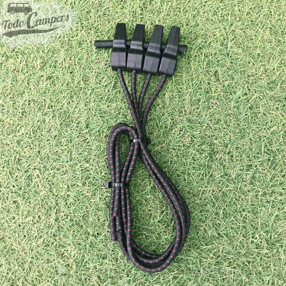 Tensores elásticos de longitud ajustable. Ideales para sujetar una placa V20 al portabicicletas, toldos, lonas, etc.