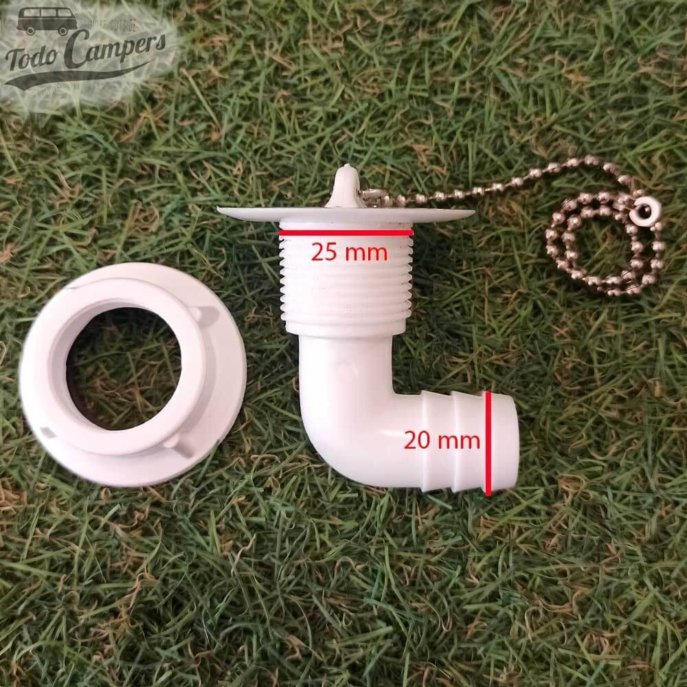 medidas del dgüe en codo con salida para mangueras de diámetro 20 mm, Tipo J