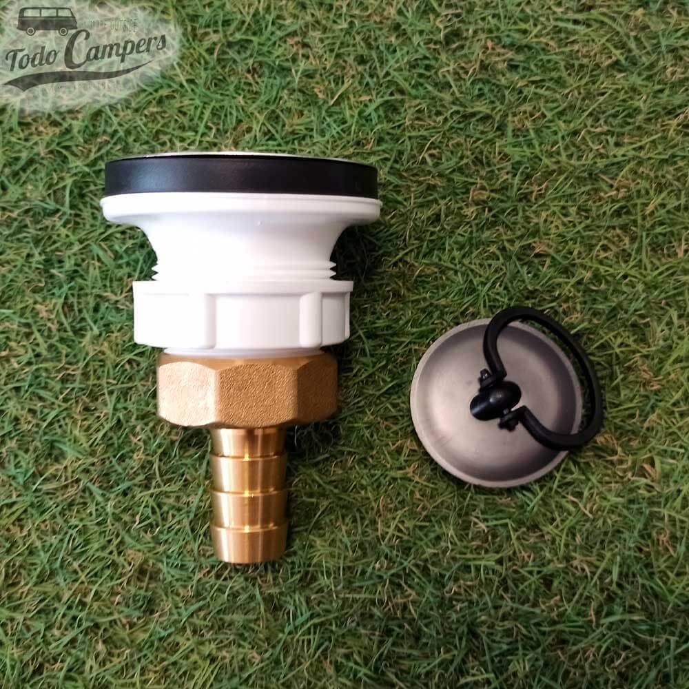 Desagüe con apertura de 1/2" con junta, tapón y conexión de mangueras de 3/4".