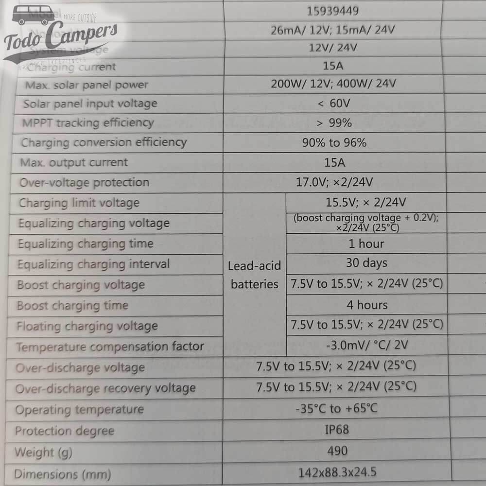 Especificaciones técnicas del Regulador solar de 15A MPPT marca Vechline