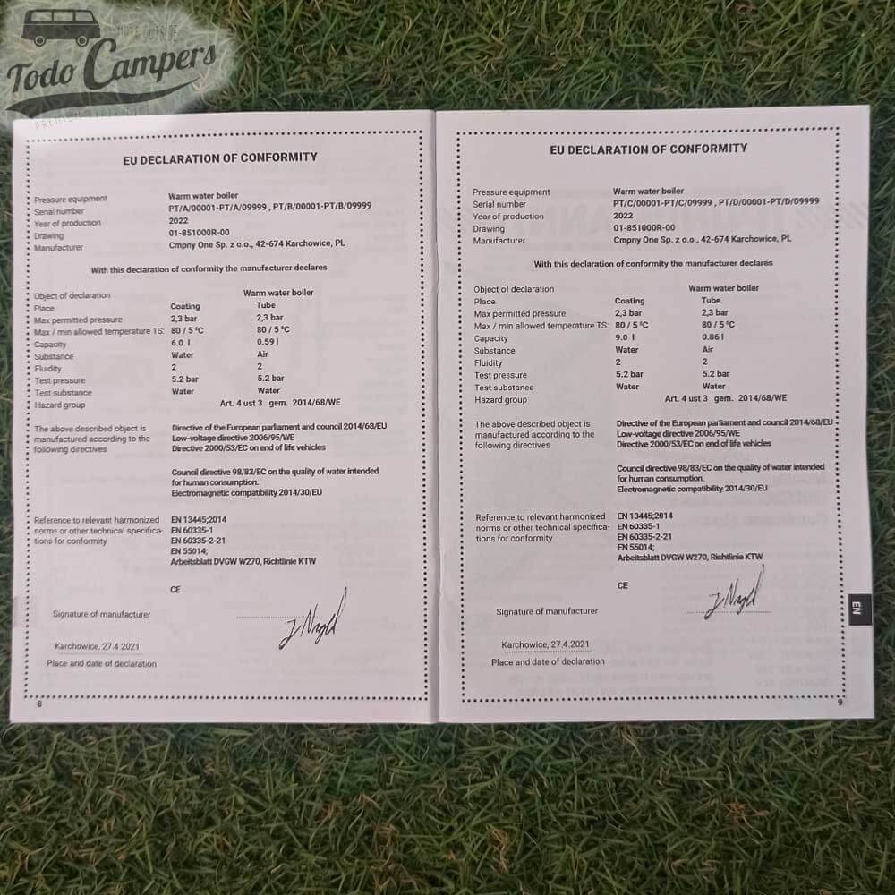 Declaração de conformidade do Boiler Pundmann 9,9L