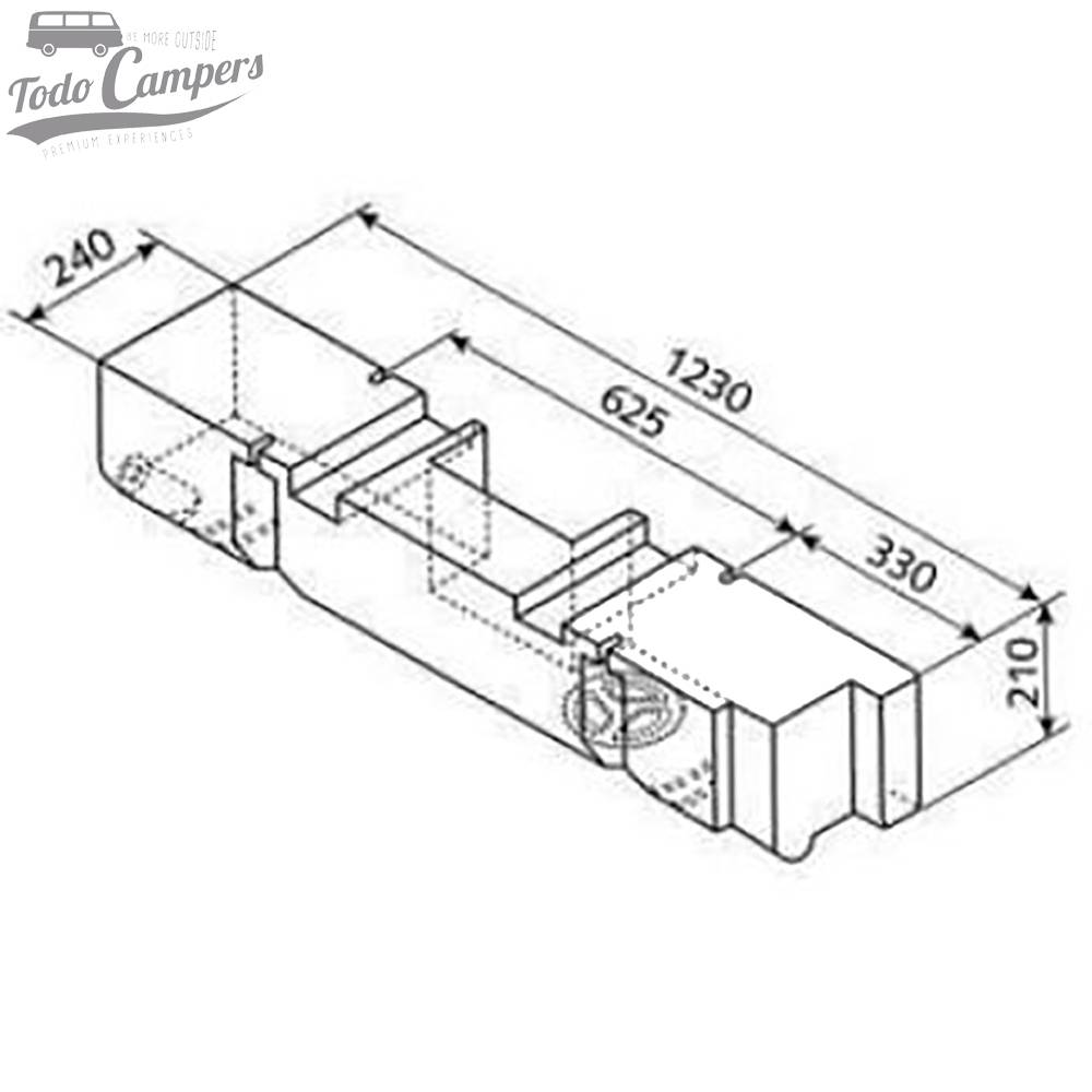 Medidas Depósito de água especial Volkswagen T4 - 53L. Depósito de águas limpas e cinzentas para a sua carrinha
