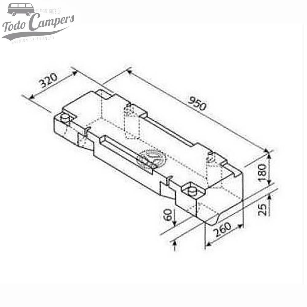 Medidas Depósito de água exterior Volkswagen T3 - 45L. Depósito de águas limpas e cinzentas para a sua carrinha