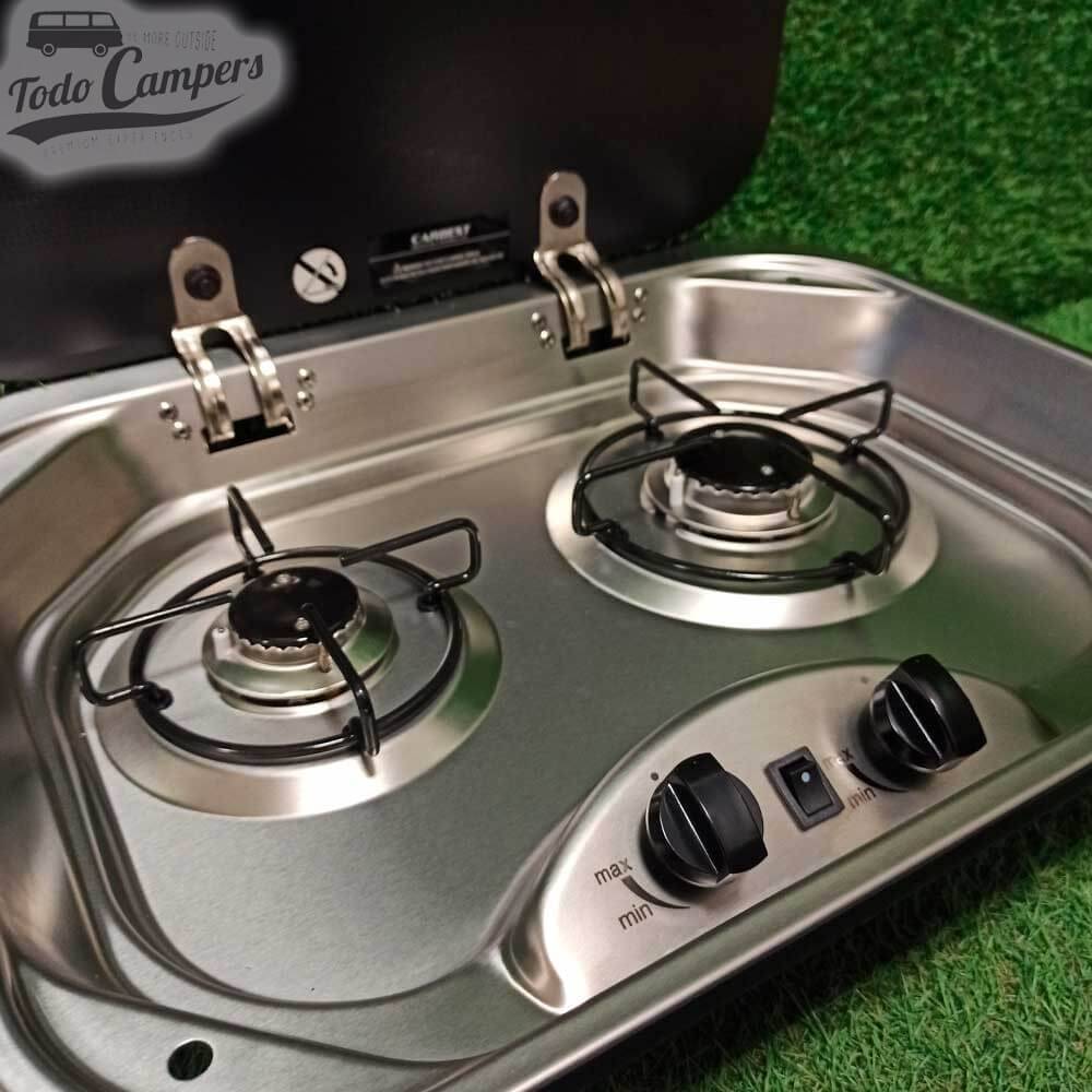 Placa de fogão de dois bicos com tampo de vidro e indução elétrica. Marca Carbest.