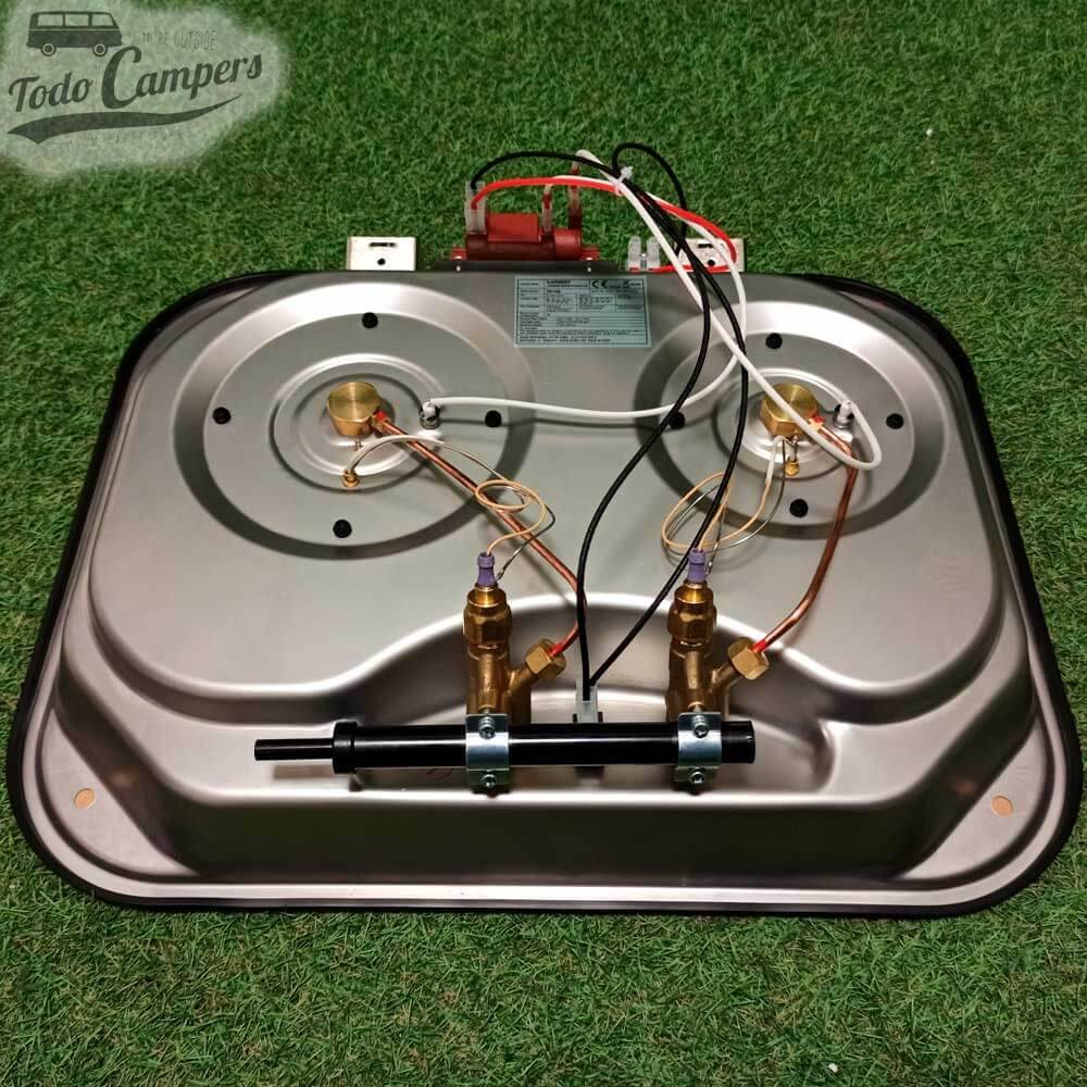 Vista inferior de la cocina Carbest de 2 quemadores