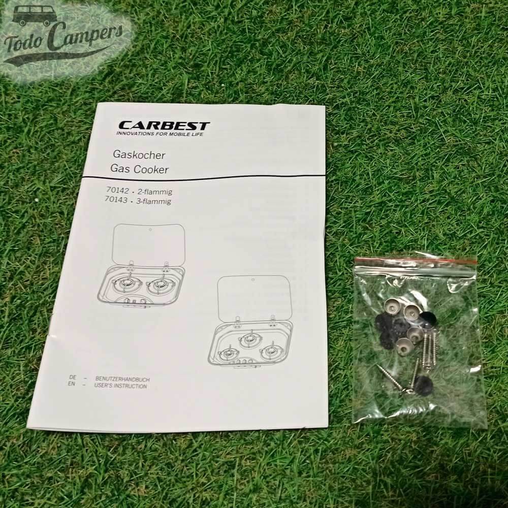 Instrucciones y tornillos de la Cocina Carbest de 2 quemadores