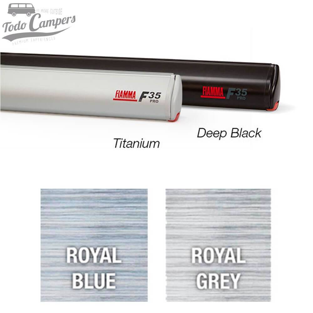 Toldo Fiamma con acabado exterior lacado y lonas con distintos acabados