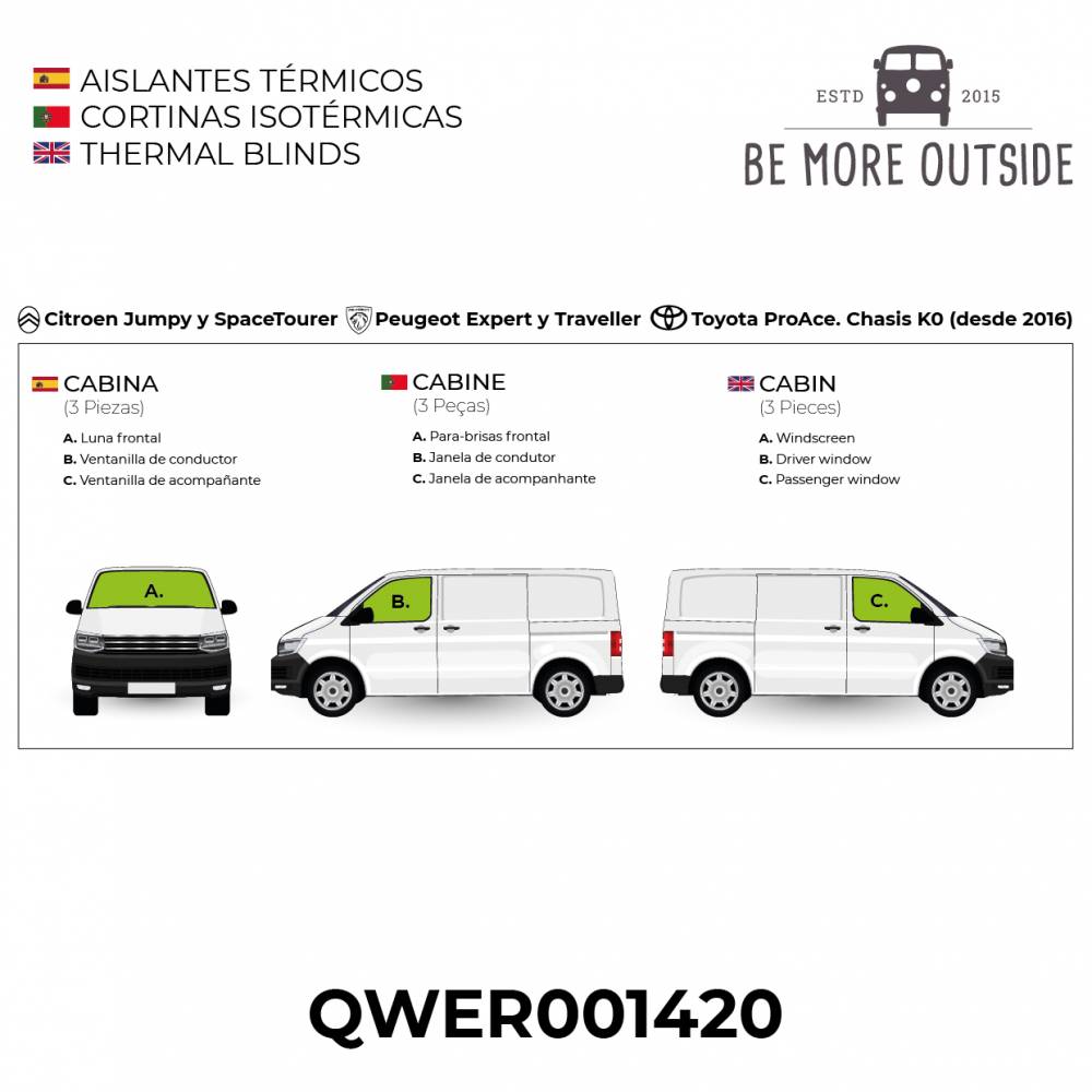 3 Aislantes térmicos  (luna frontal y ventanillas de conductor y acompañante) para K0