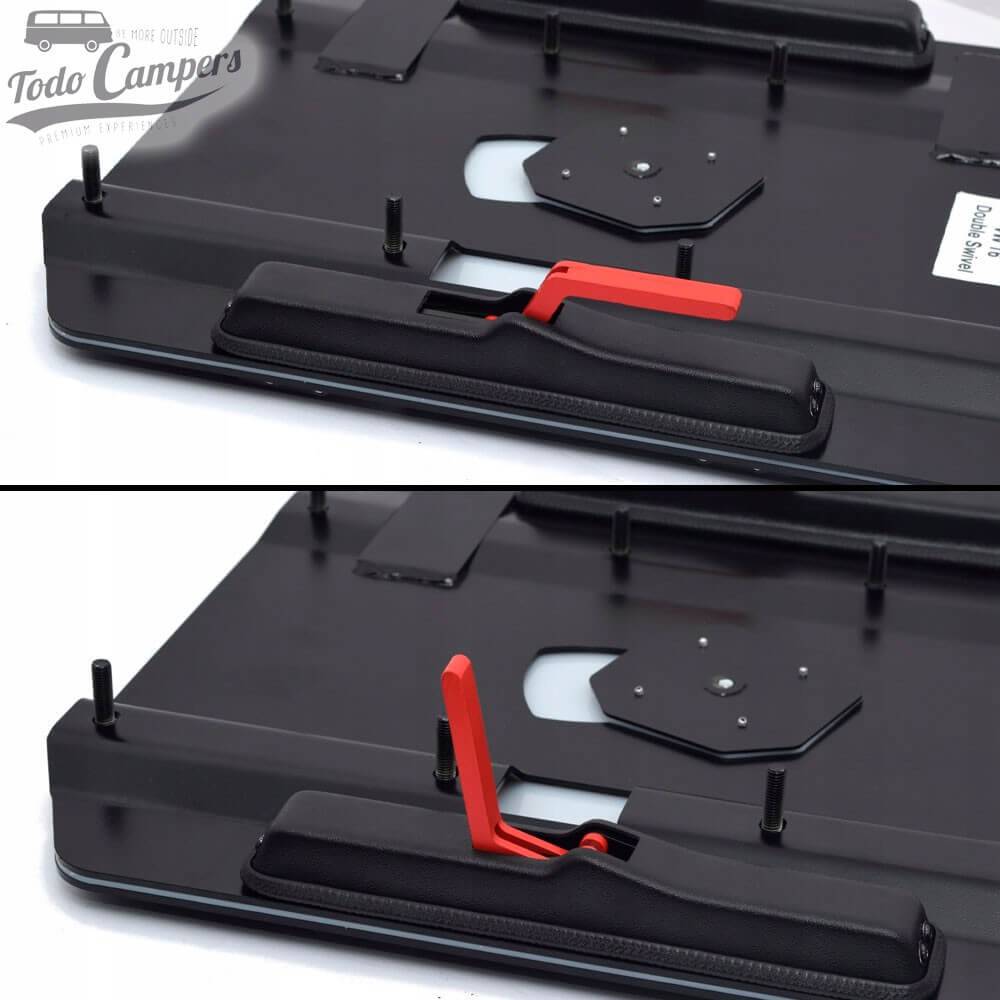 As bases duplas da Mobiframe são únicas no mercado e permitem girar o banco duplo sem perder um assento.