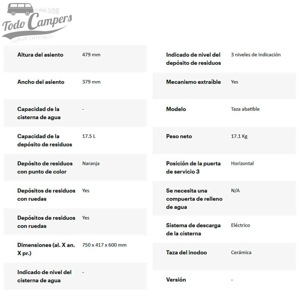 Especificaciones técnicas del WC fijo químico Thetford C263 CS (con consola)