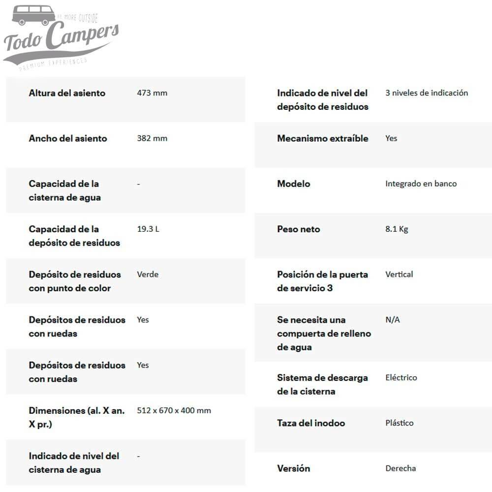 Especificaciones técnicas del Thetford C403 con puerta a la derecha