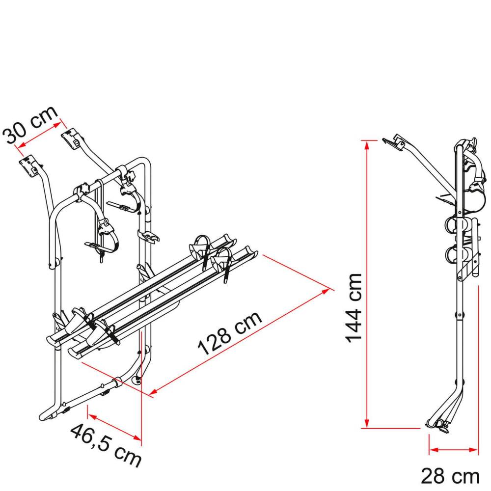 Medidas do porta-bicicletas Fiamma Carry Bike para Volkswagen T5 e T6 com porta traseira dupla