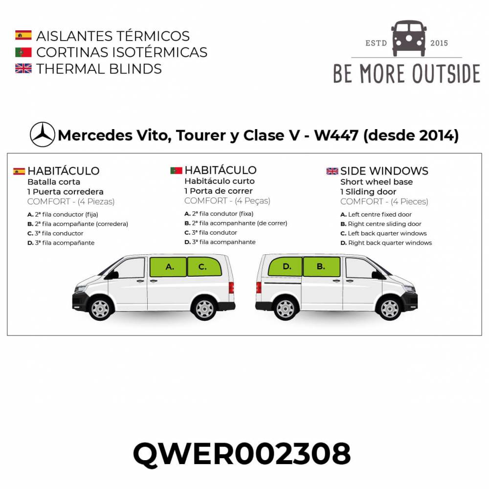 Aislantes térmicos COMFORT para Mercedes Vito Tourer y Clase V desde 2014 de batalla corta con 1 puerta corredera