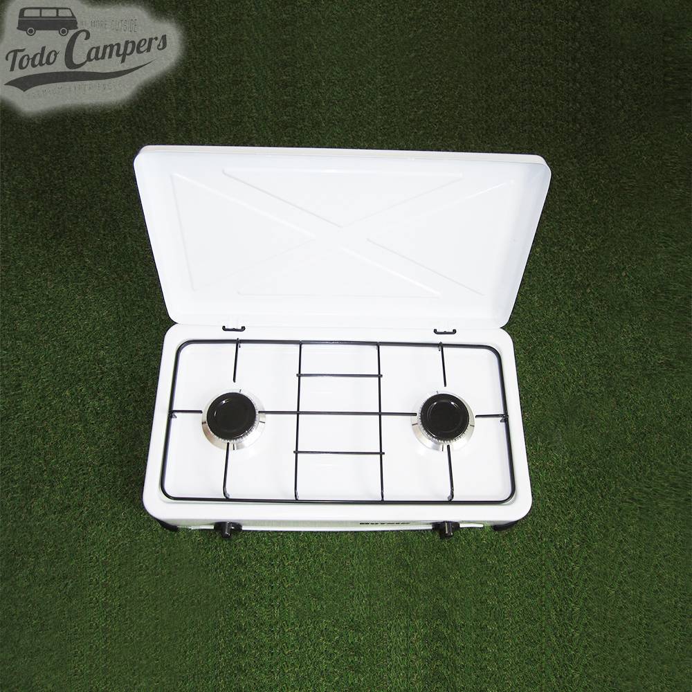 Cocina esmaltada con tapa de color blanco con dos quemadores. Para tu furgoneta camper, autocaravana o caravana