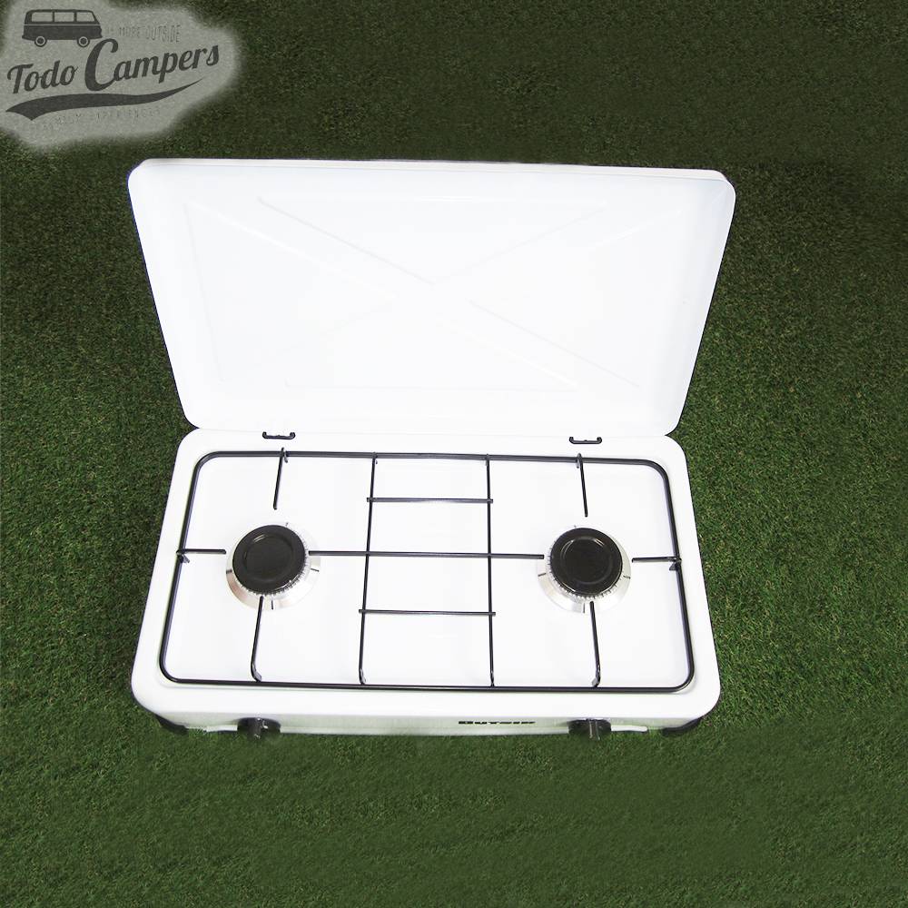 Cocina esmaltada con tapa de color blanco con dos quemadores. Para tu furgoneta camper, autocaravana o caravana