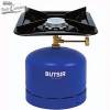 Bico a gás portátil de grande potência. Prato e grelha de uma única peça. Utiliza botija de rosca azul Butsir.