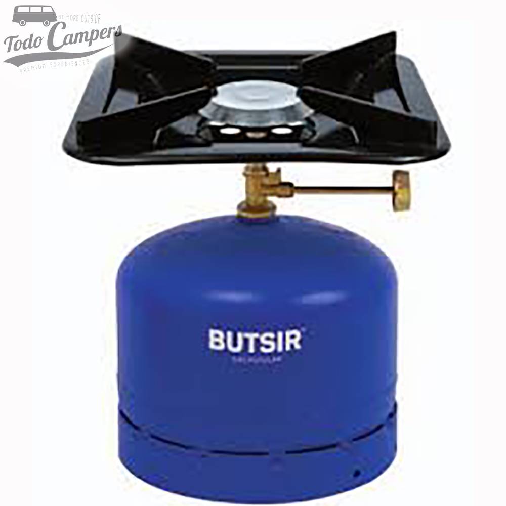 Bico a gás portátil de grande potência. Prato e grelha de uma única peça. Utiliza botija de rosca azul Butsir.