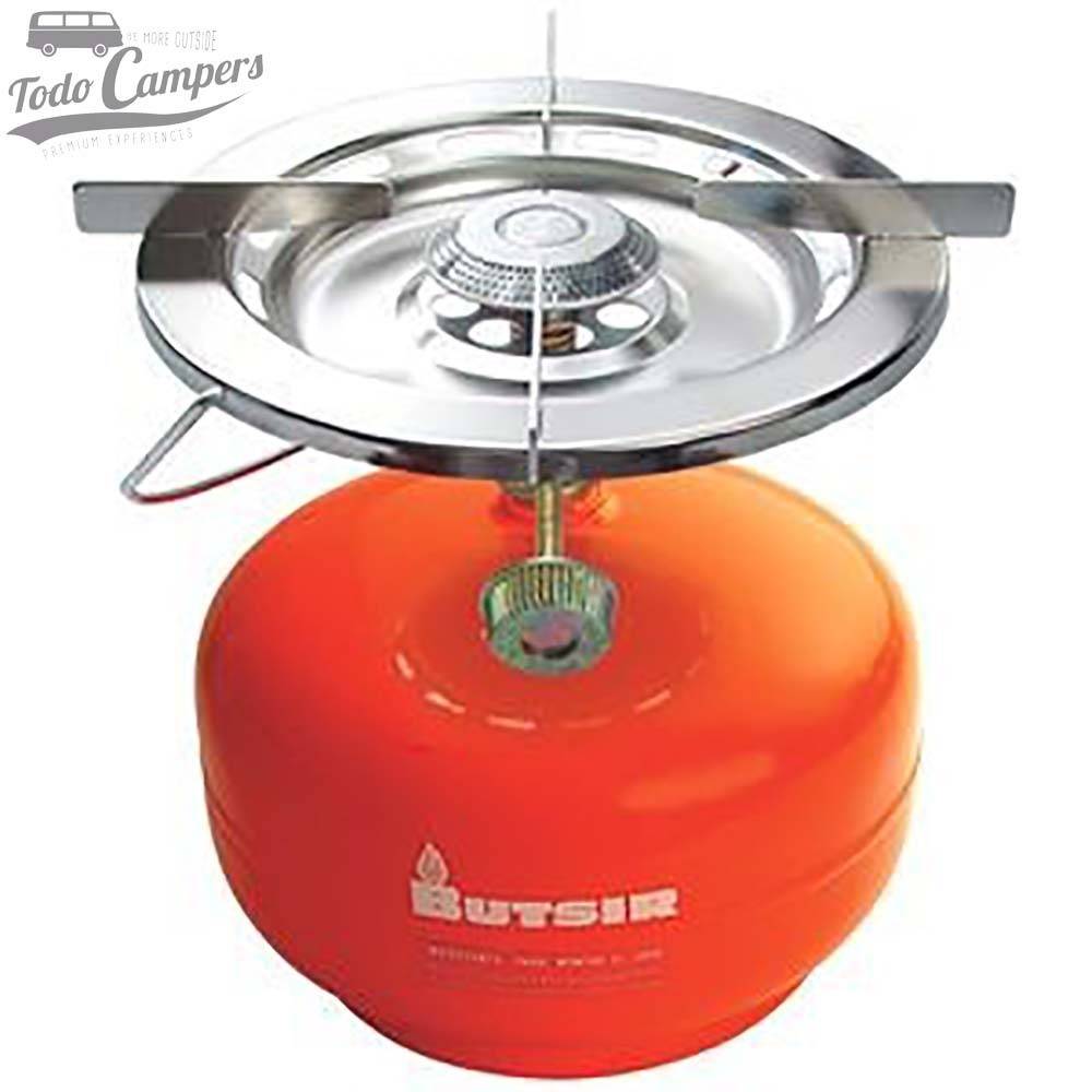 Hornillo portátil de gran potencia con asa incorporada. Utiliza botella de rosca naranja Butsir