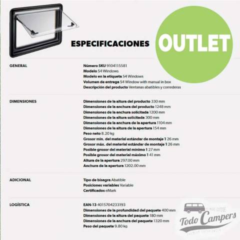 OUTLET: Ventana abatible Dometic Seitz S4 (1200 x 300)