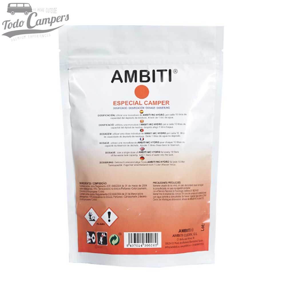 reverso de la bolsa de 20 monodosis Ambiti Hydro Camper para Potti