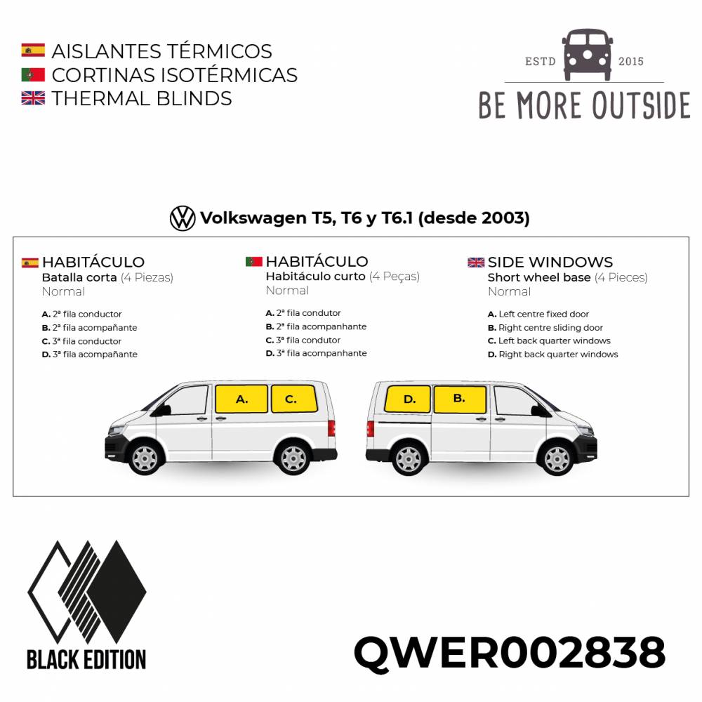 Aislantes BLACK EDITION para T5 y T6: Habitáculo de batalla corta (4 Piezas) - Acabado Normal