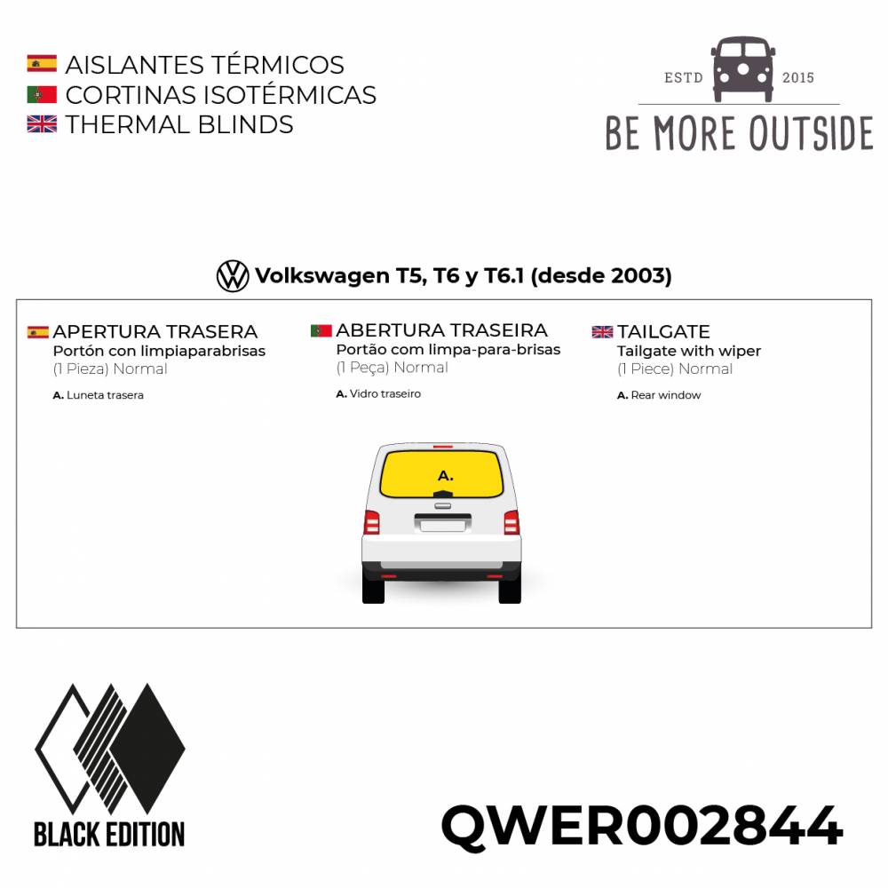 Aislantes térmicos BLACK EDITION para Volkswagen T5, T6 y T6.1 - Apertura Trasera de portón con limpia parabrisas acabado NORMAL