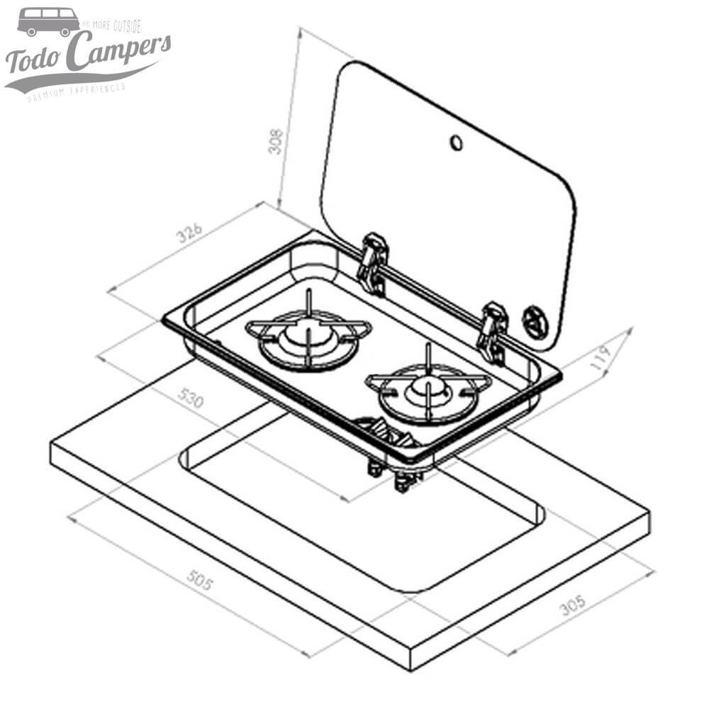 Medidas de la Cocina de gas con tapa de cristal encastrable Carbest - 2 quemadores