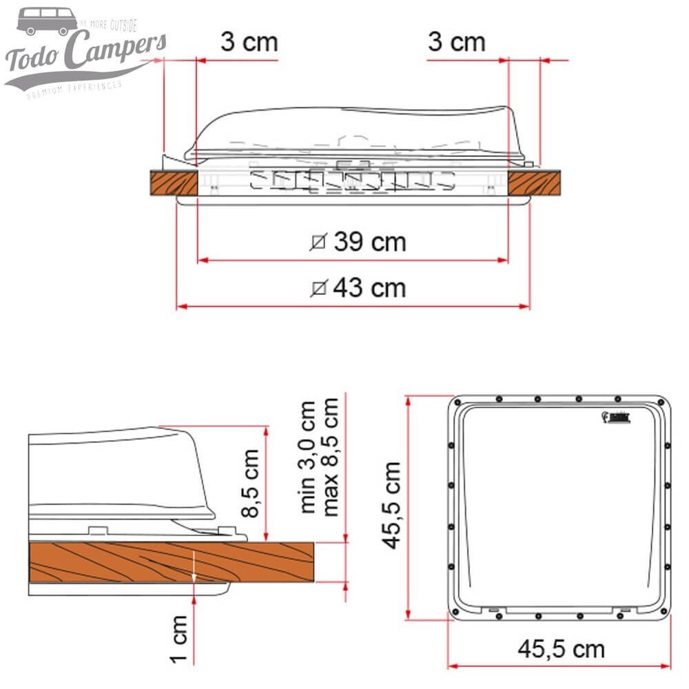 Medidas de Claraboia Fiamma Turbo Vent 40 Branca Premium