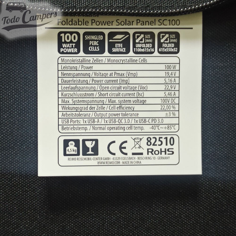 especificaciones técnicas de la placa plegable SC100 con regulador integrado