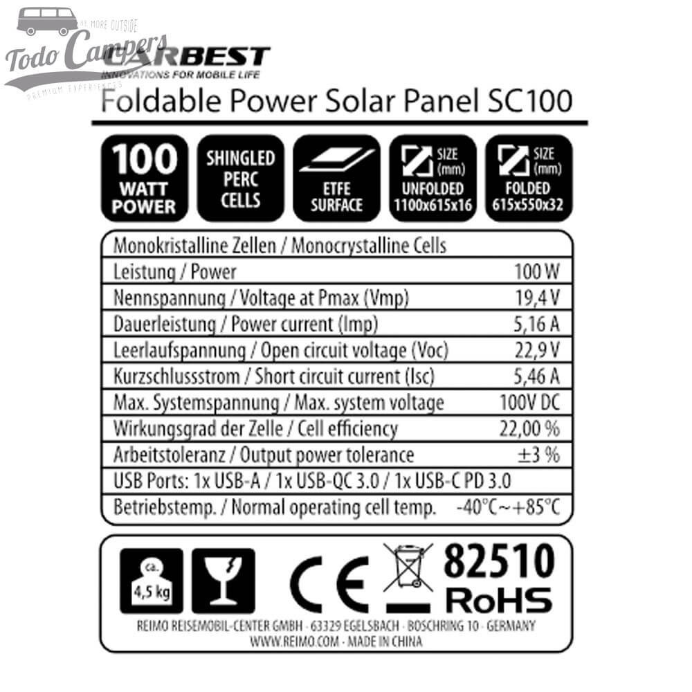 Especificaciones técnicas de la placa plegable Carbest SC-100