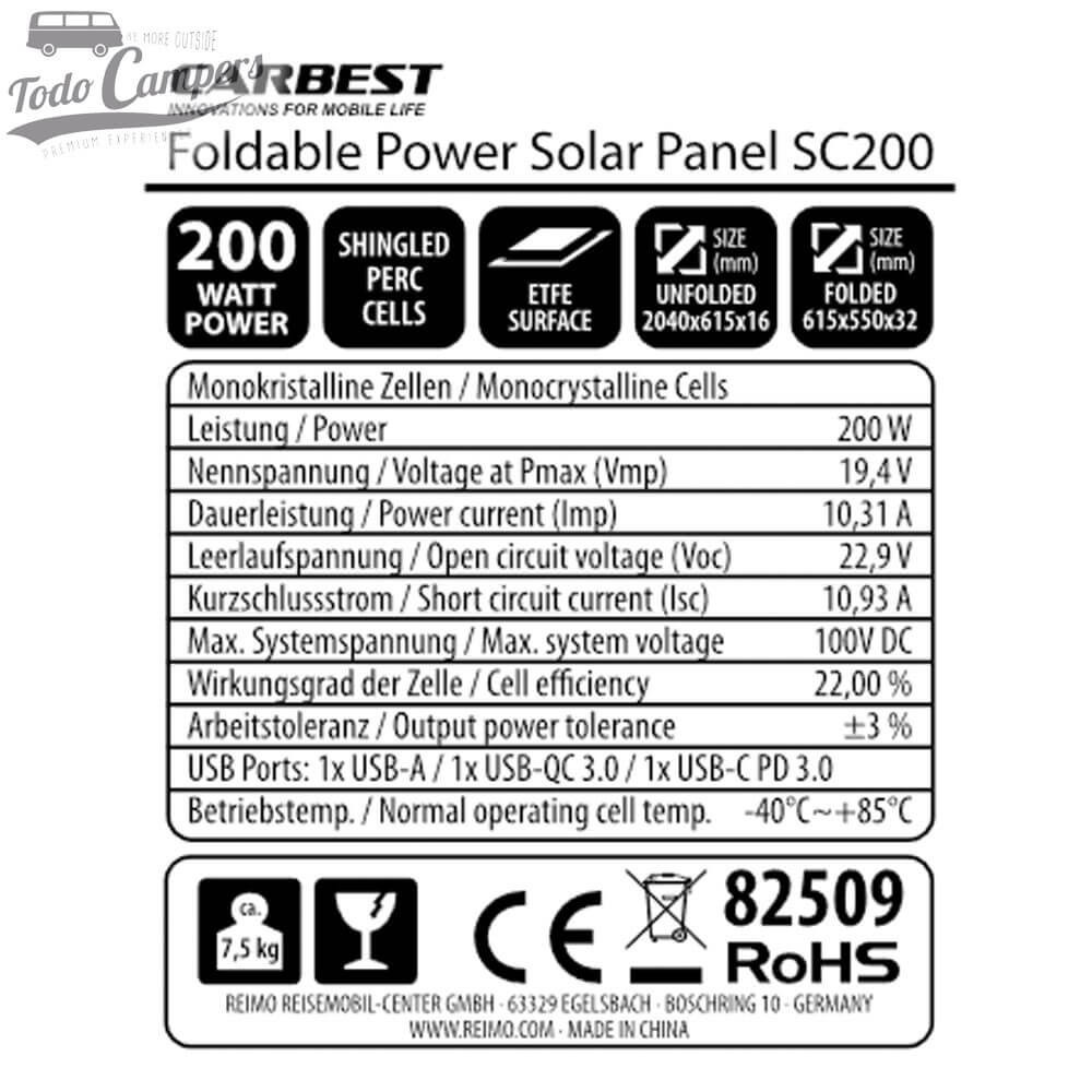 características técnicas de la placa solar SC200