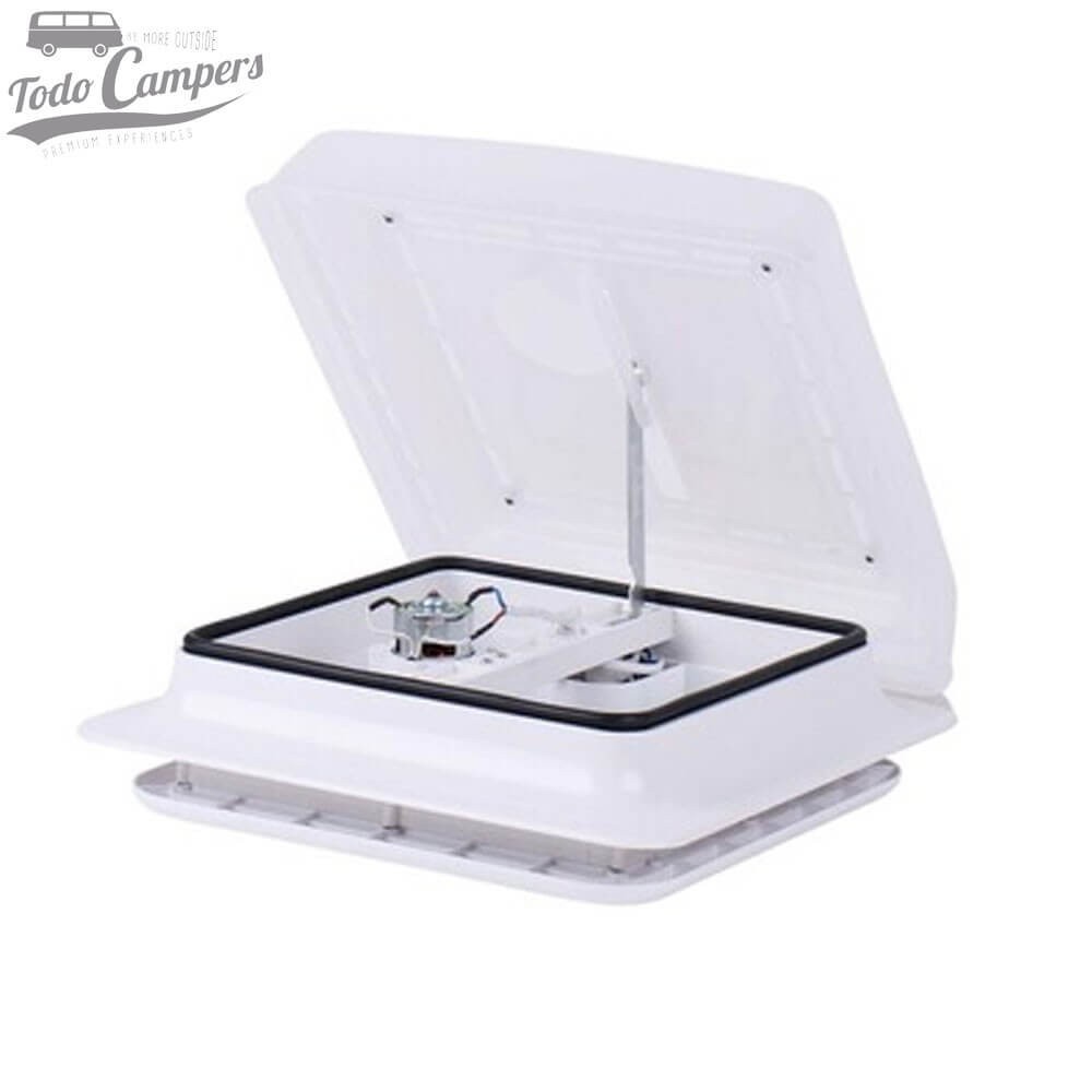 Claraboia Carbest manual com ventilador branca.