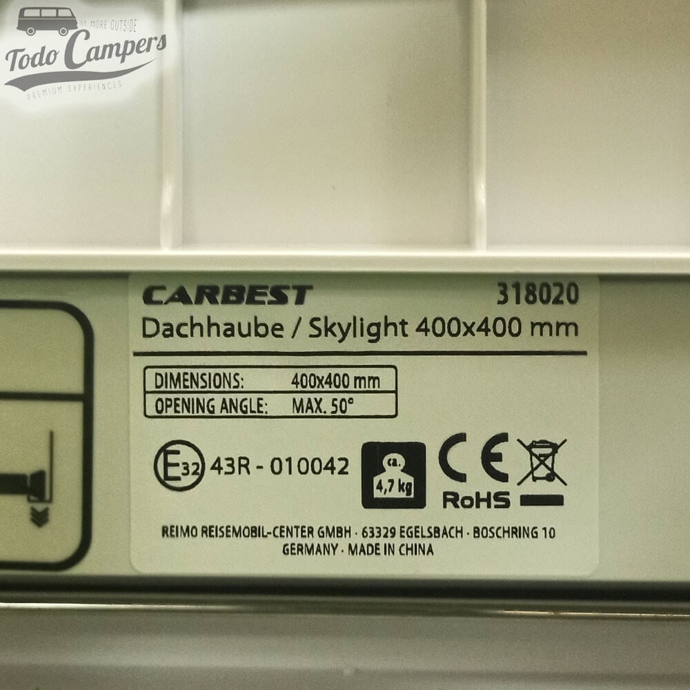 etiquetas de homologación de la claraboya Carbest 40x40