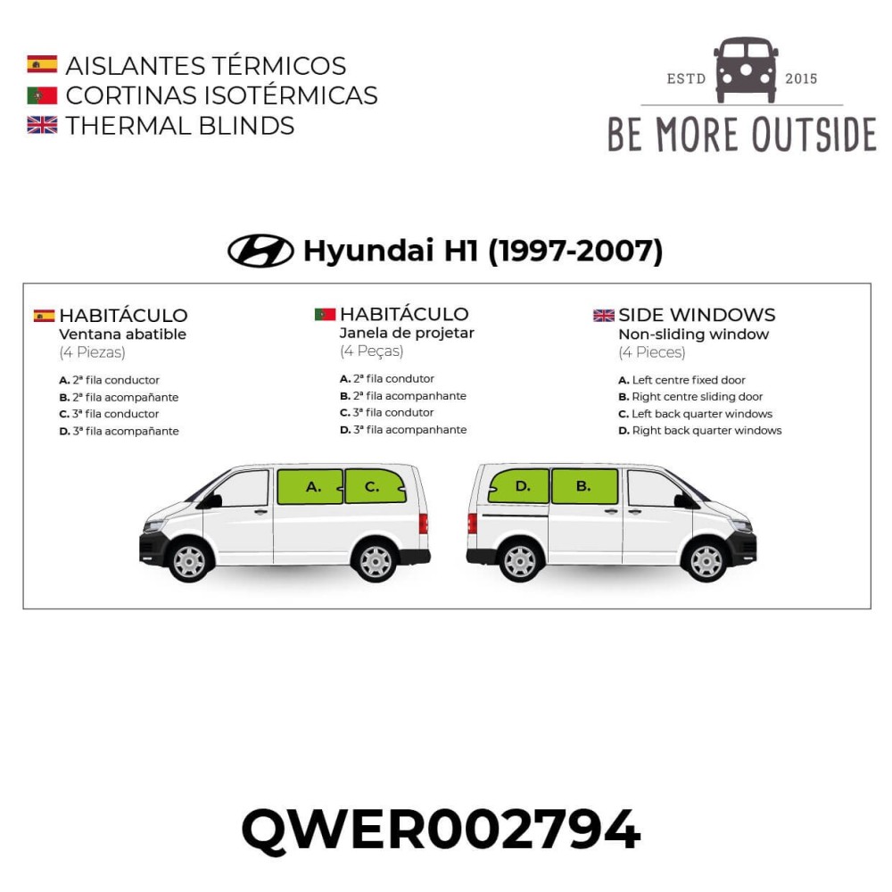 hoja de codificación de los Aislantes térmicos para ventanas laterales de Hyundai H1 1997-2007 - Habitáculo